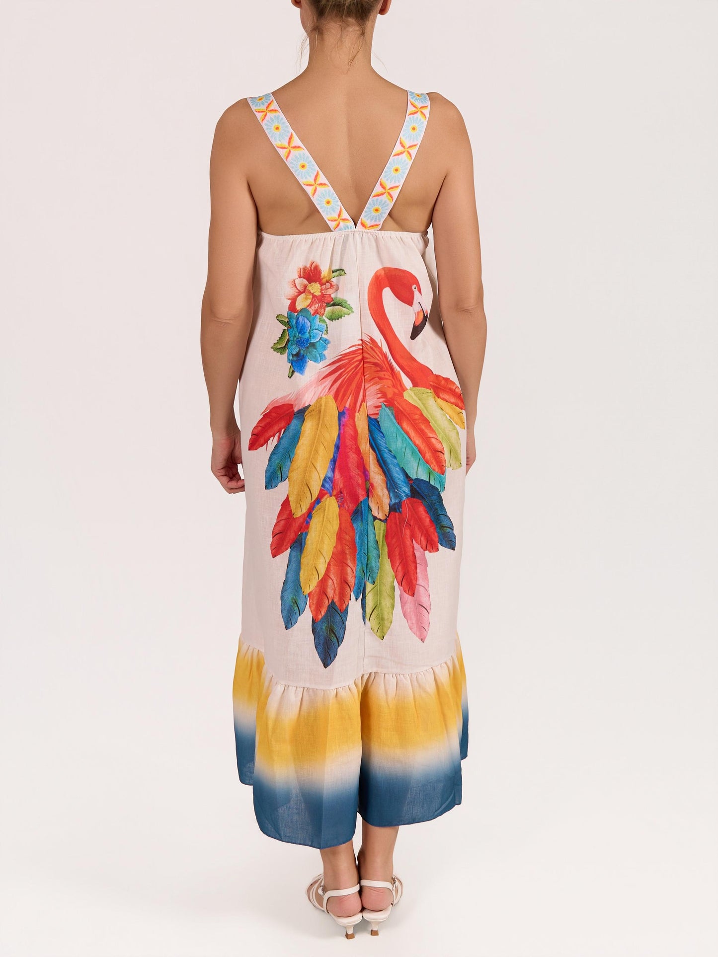 White Sleeveless Ribbon Strap Peasant Flamingo Maxi Dress