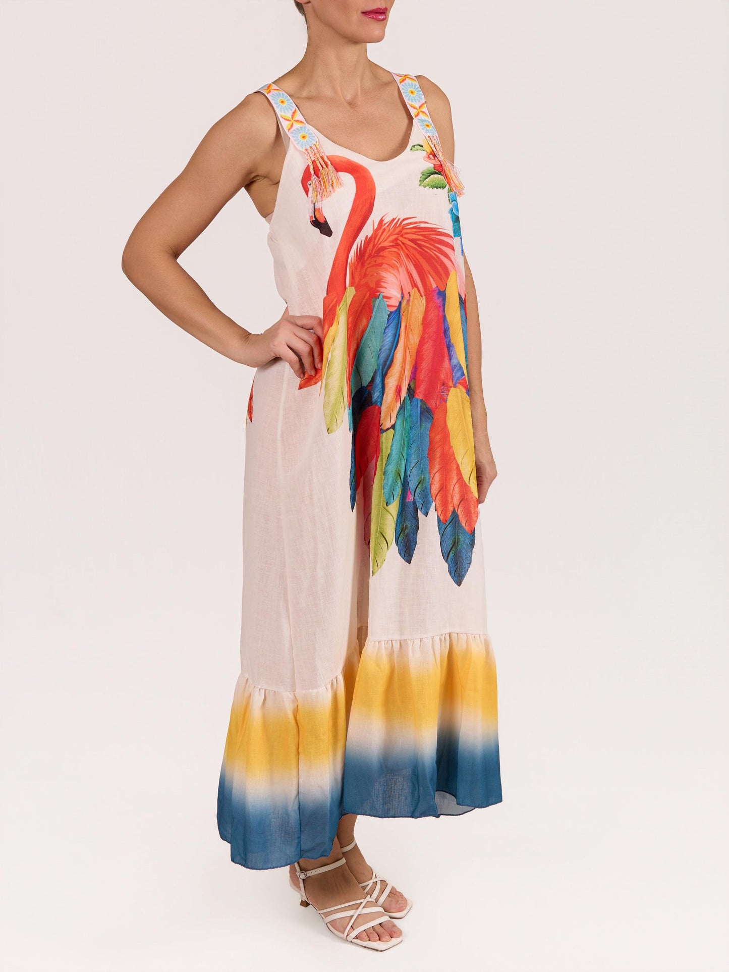 White Sleeveless Ribbon Strap Peasant Flamingo Maxi Dress