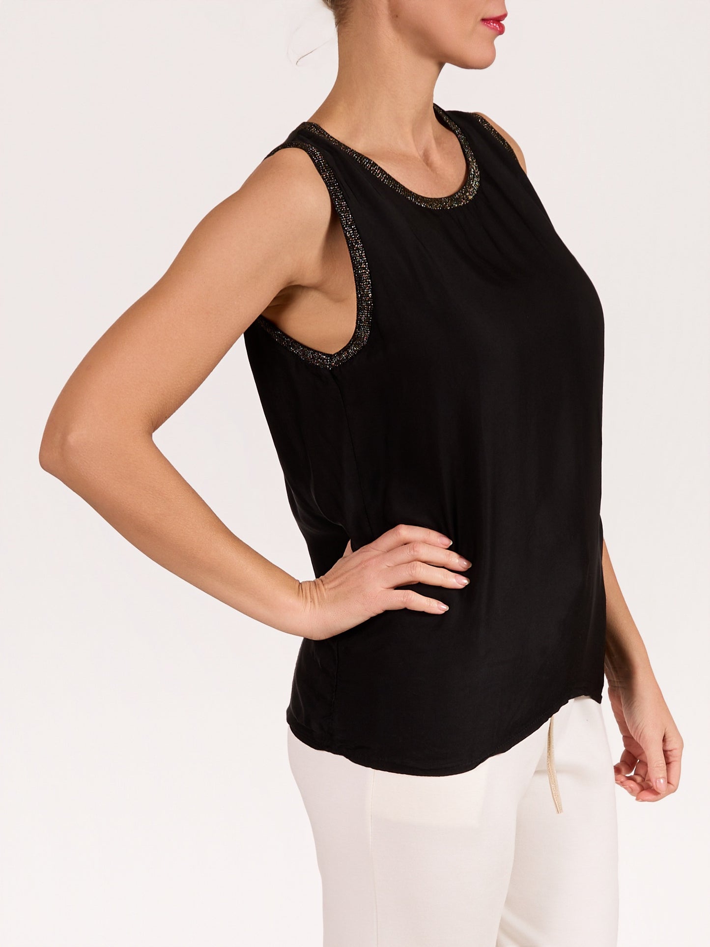 Black Lurex Detail Satin Tank Top