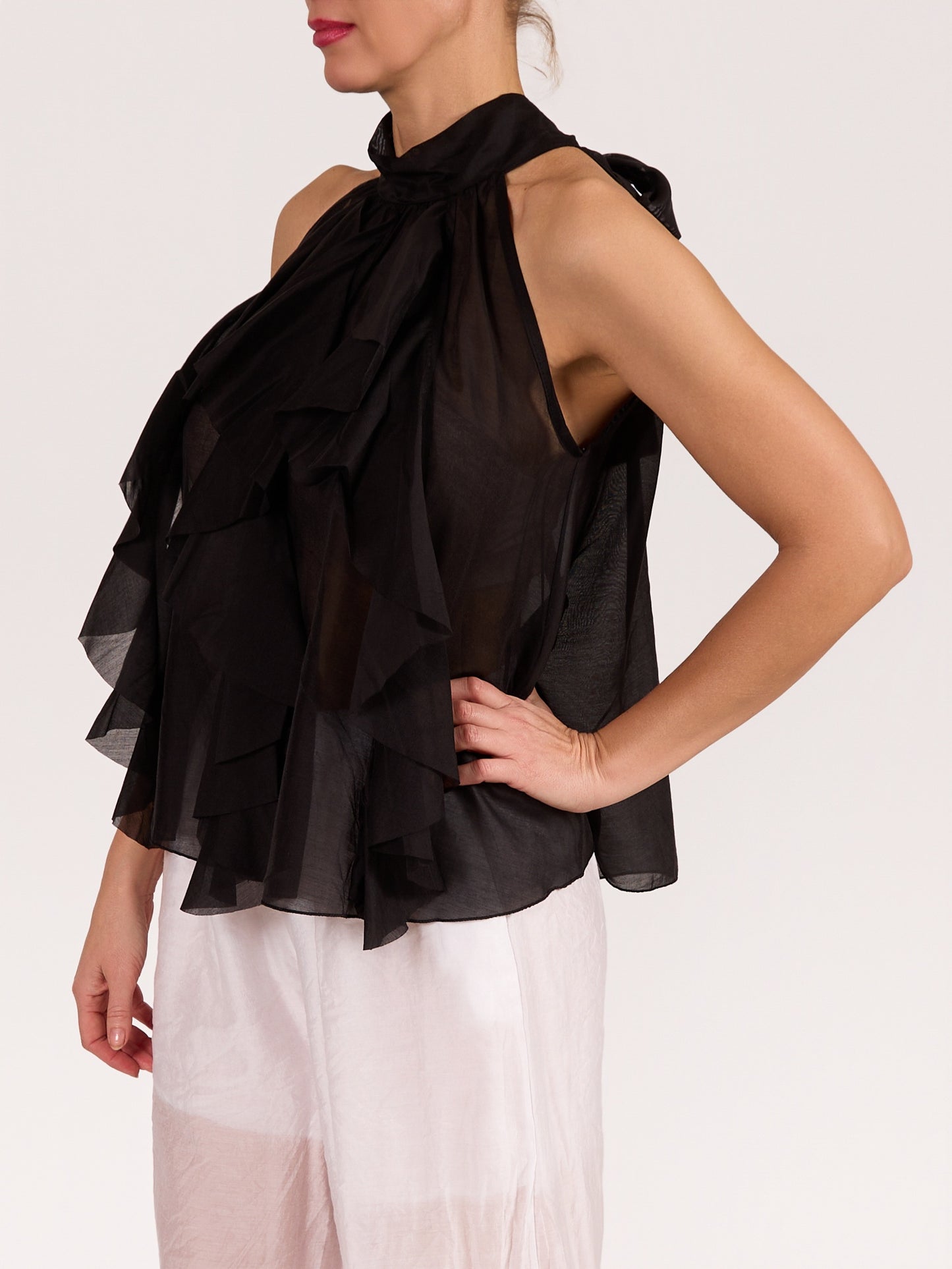Black Sleeveless Bow Tie Ruffle Front Blouse