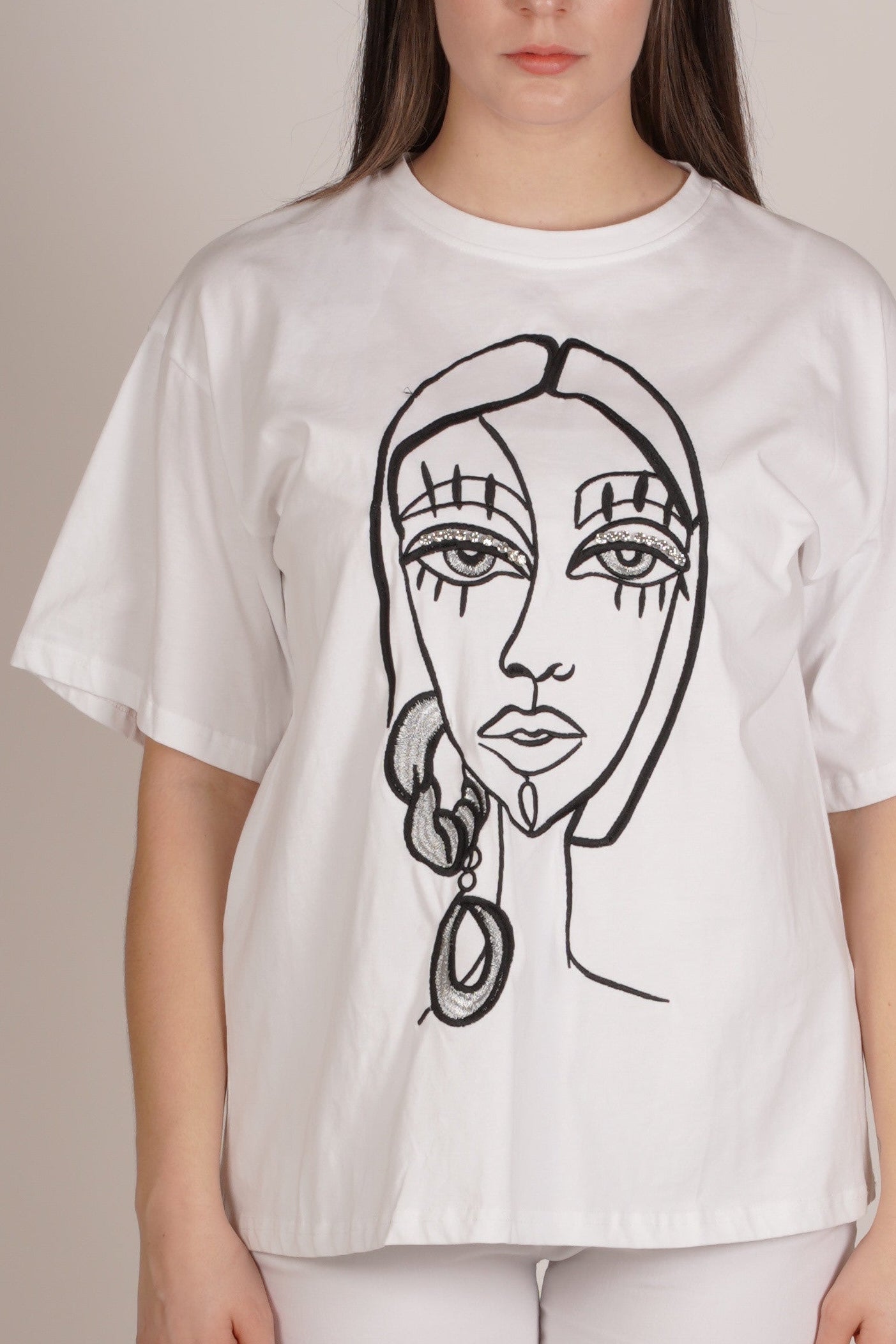 White Rhinestone Detail Face Graphic Tshirt