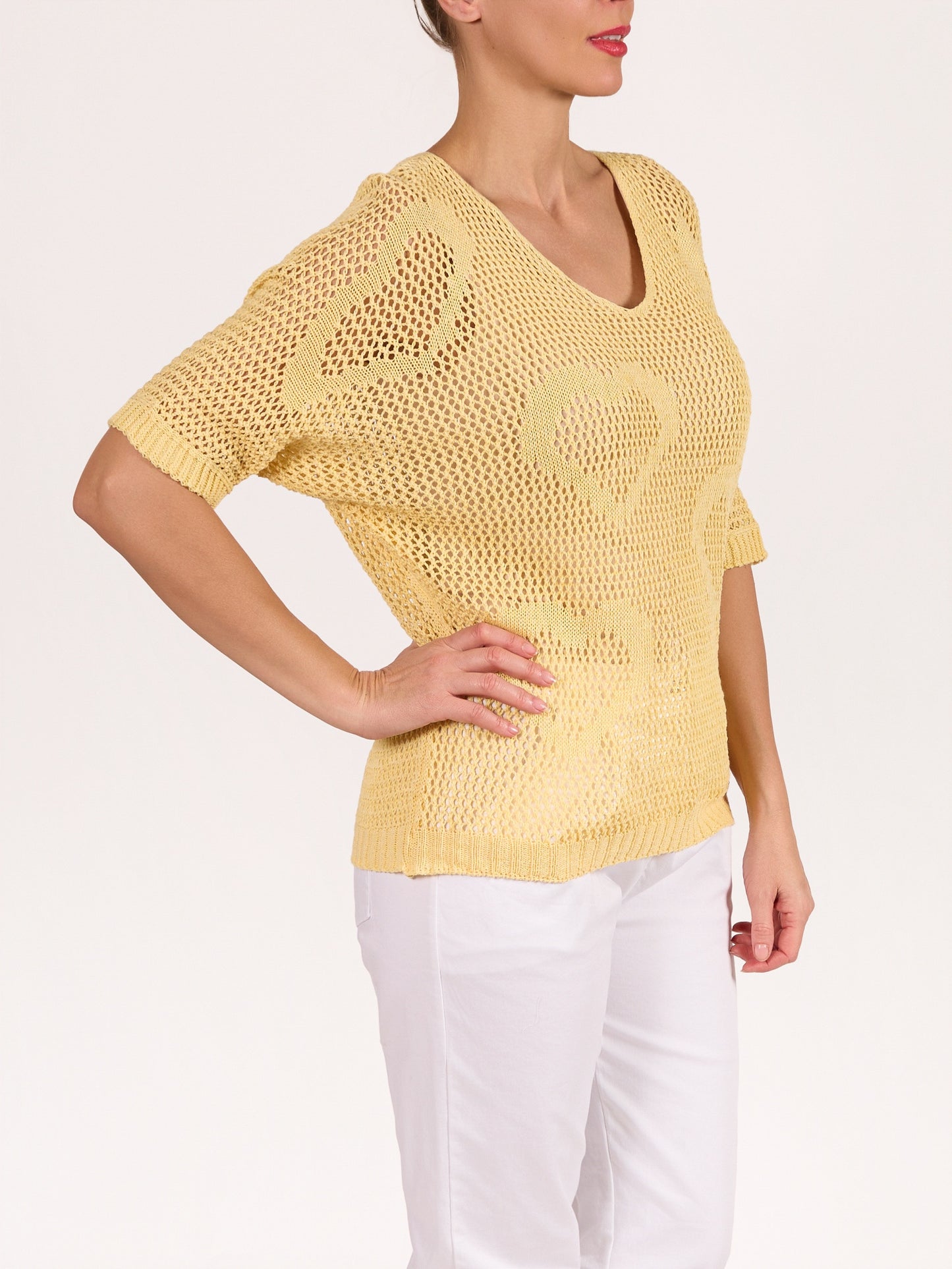 Yellow V Neck Crochet Heart Pullover