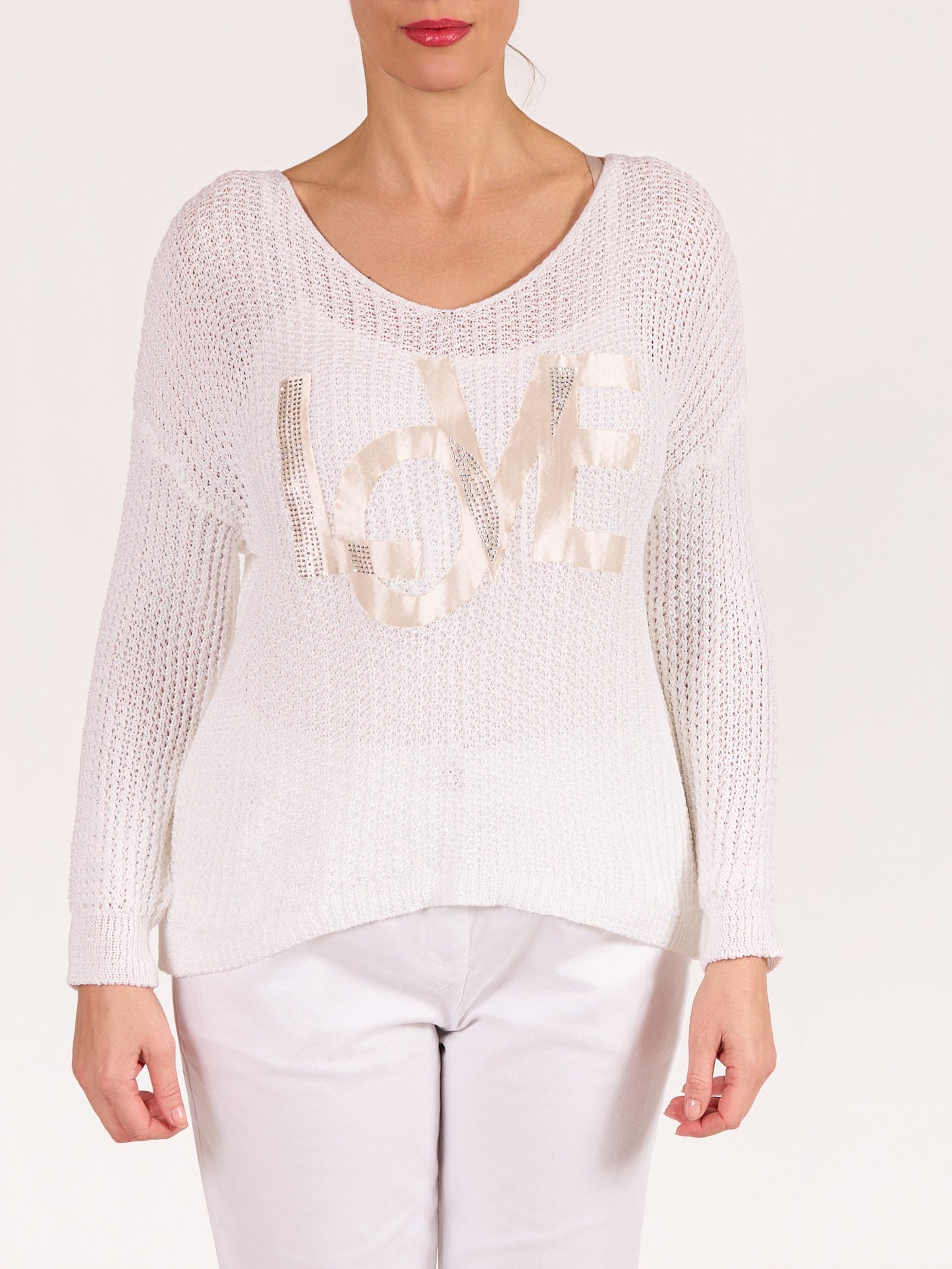 White Boat Neck Drop Shoulder LOVE Sweater