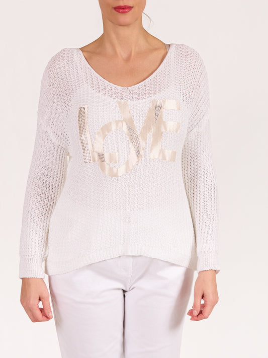 White Boat Neck Drop Shoulder LOVE Sweater