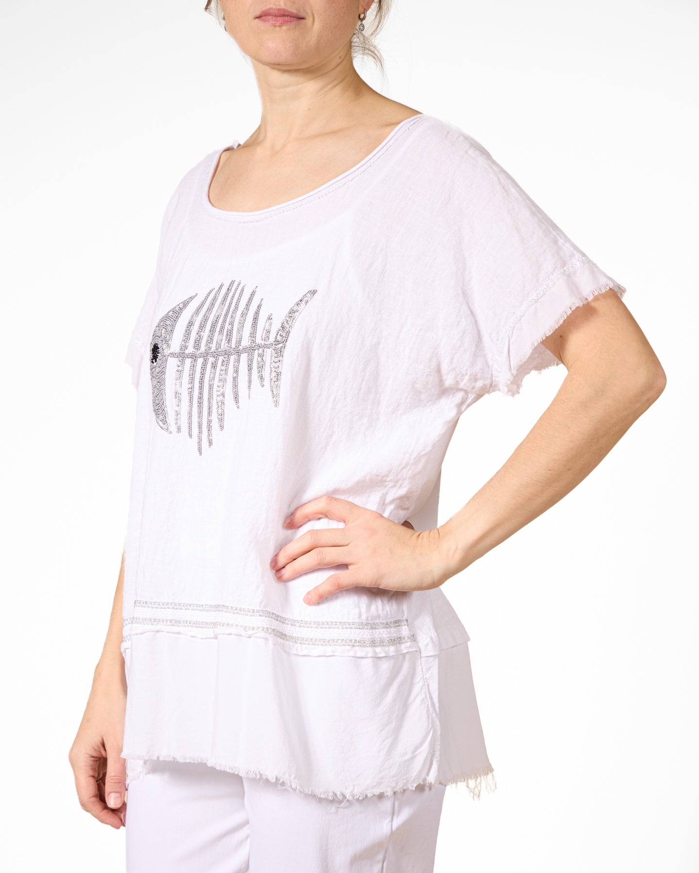 Haut en maille Lurex avec garniture argentée Blanc