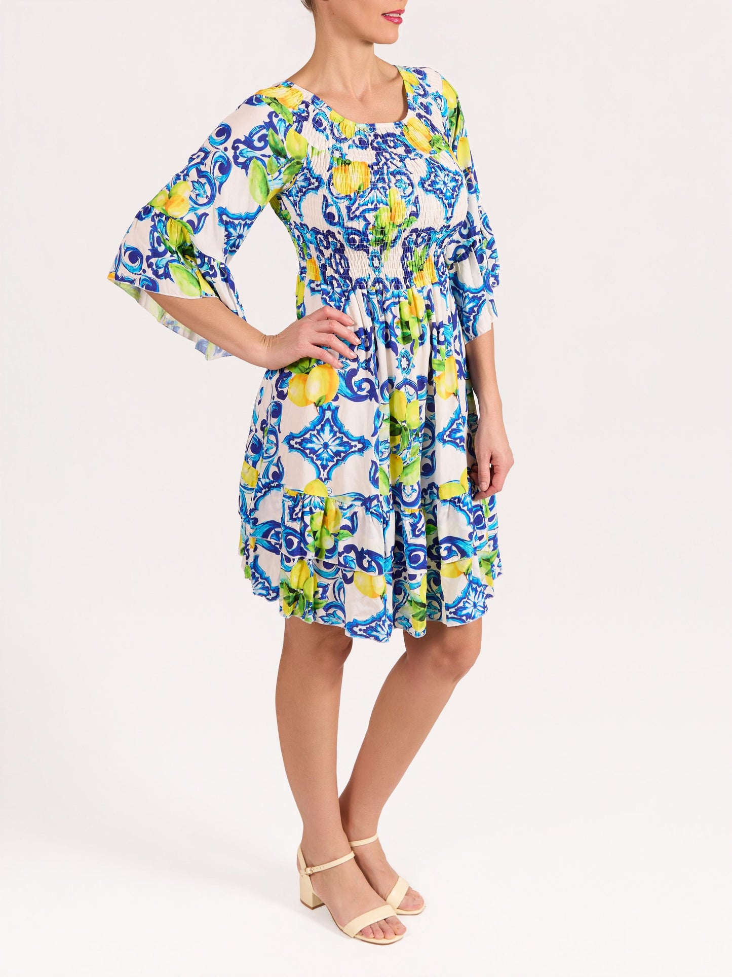 Peacock Elbow Ruffle Sleeve Rushed Lemon Amalfi Dress