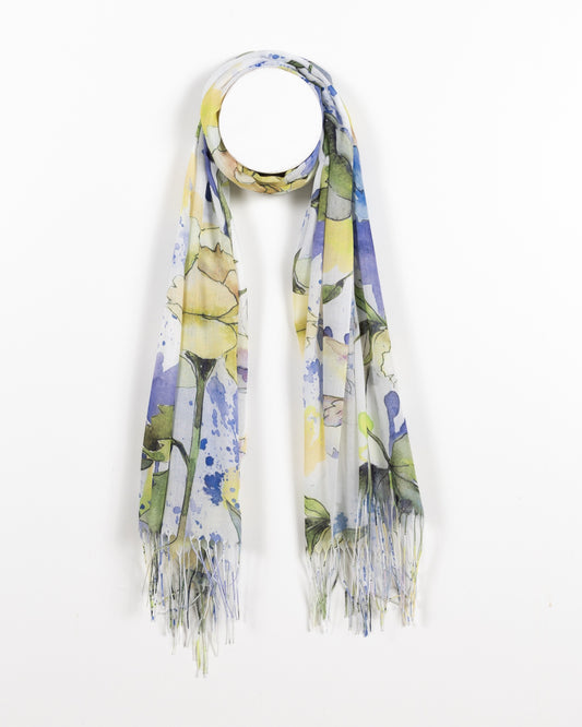 Floral Watercolor Semi-Sheer Scarf - Yellow and Green Tones