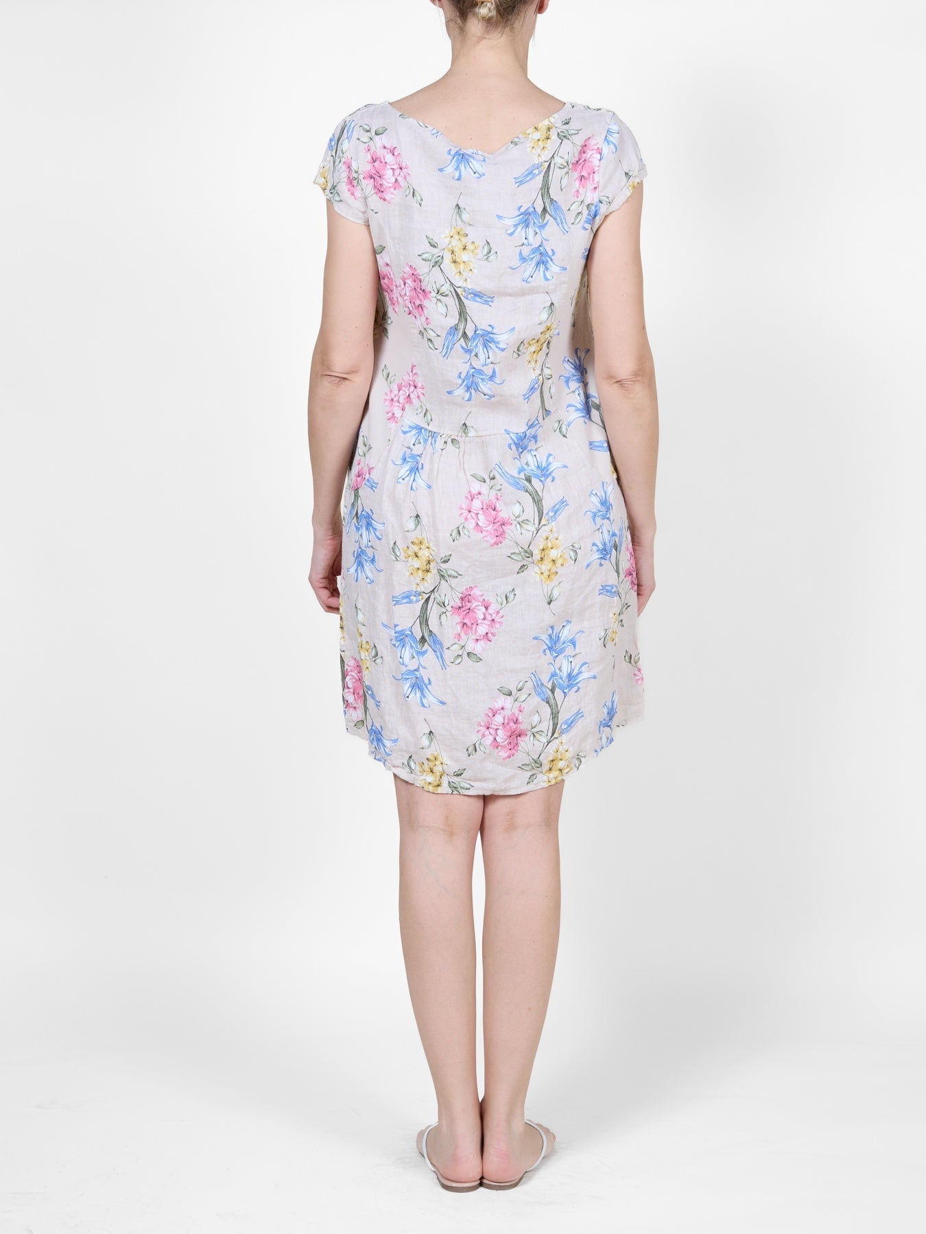 Sand Floral Linen Dress with Cap Sleeves