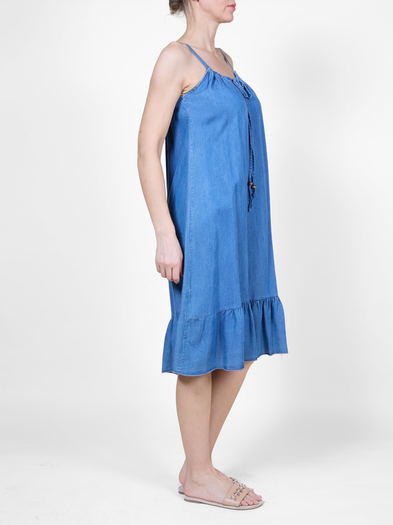 Dark Denim Midi Dress with Spaghetti Straps and Ruffle Hem