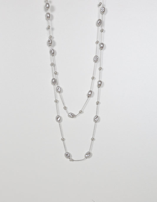 Long Pearl Necklace with Rock-Shaped Accents