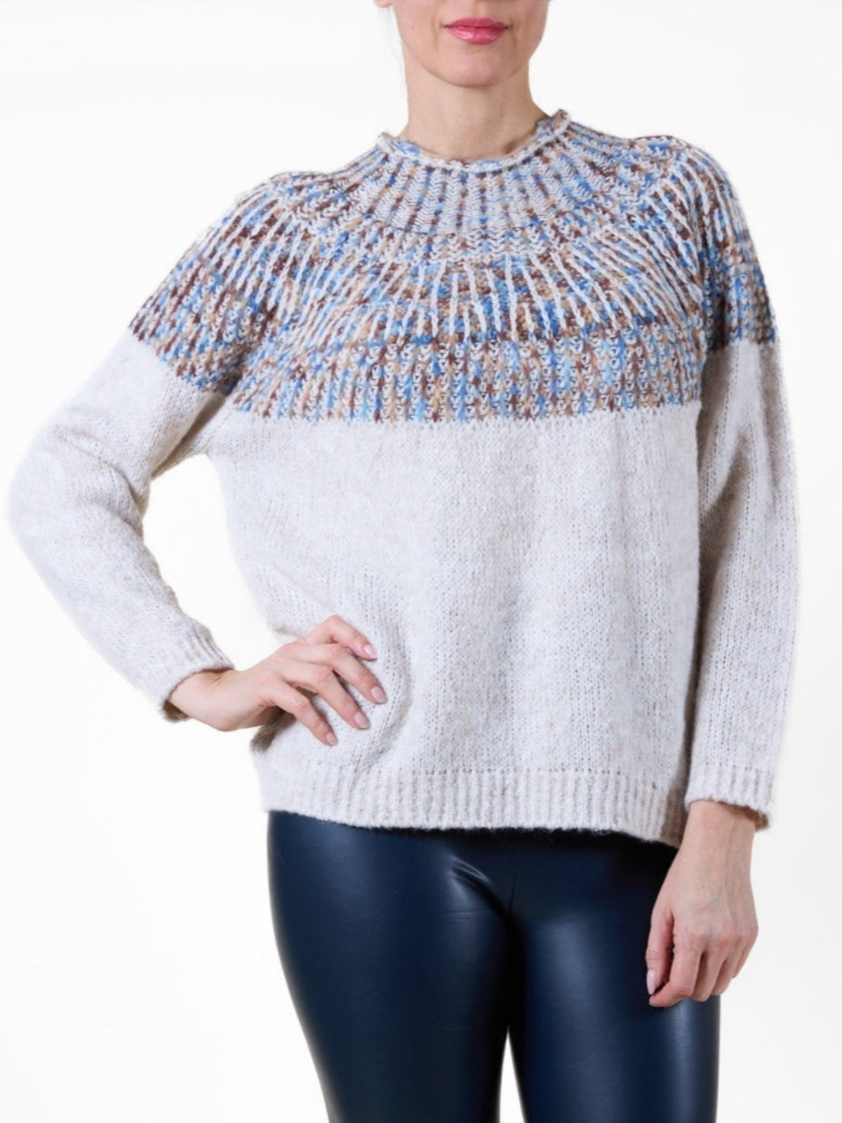 Ivory Mock Nek Varigated Multi Layer Stitching Sweater