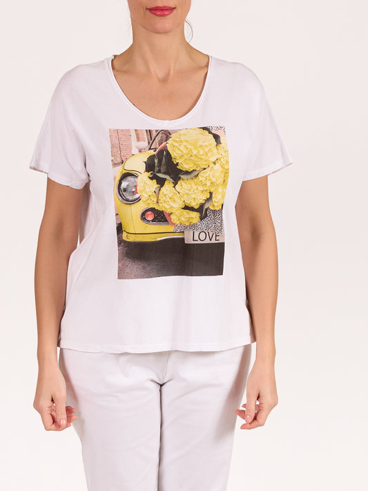 Yellow V Neck Short Sleeve Beatle Floral LOVE TShirt
