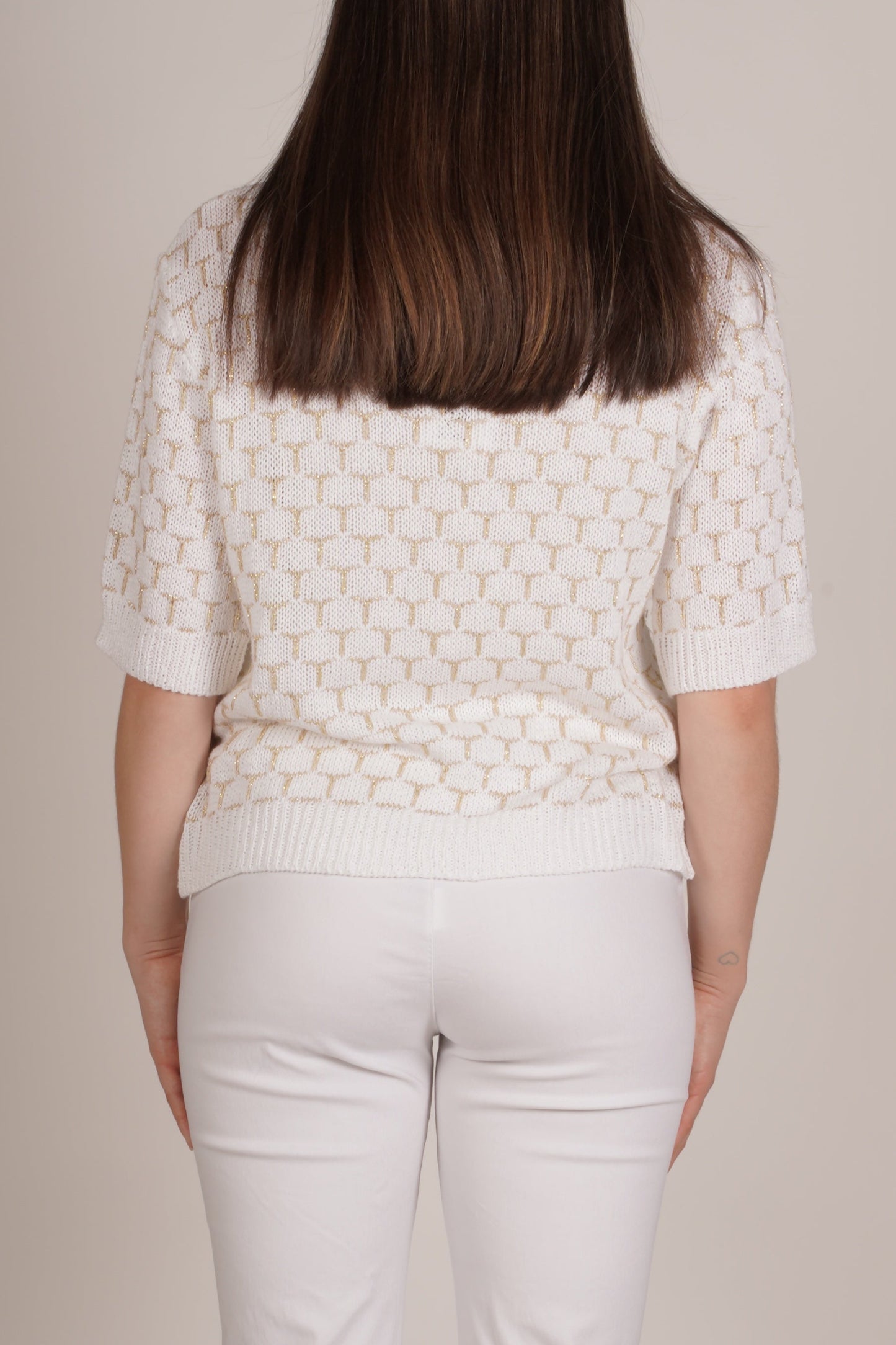 White Short Sleeve Knit Sweater with Geometric Hexagon Design