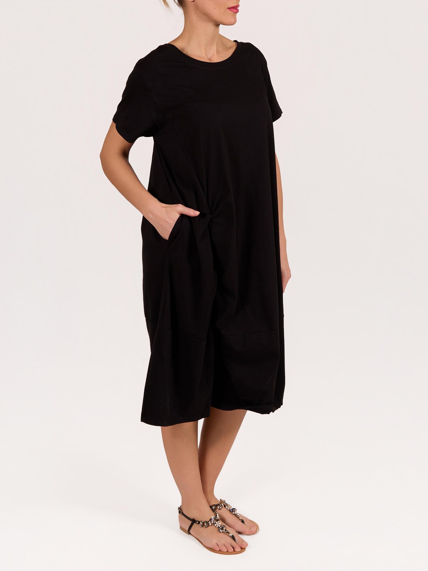 Black Short Sleeve Twist Side Detail Maxi Dress