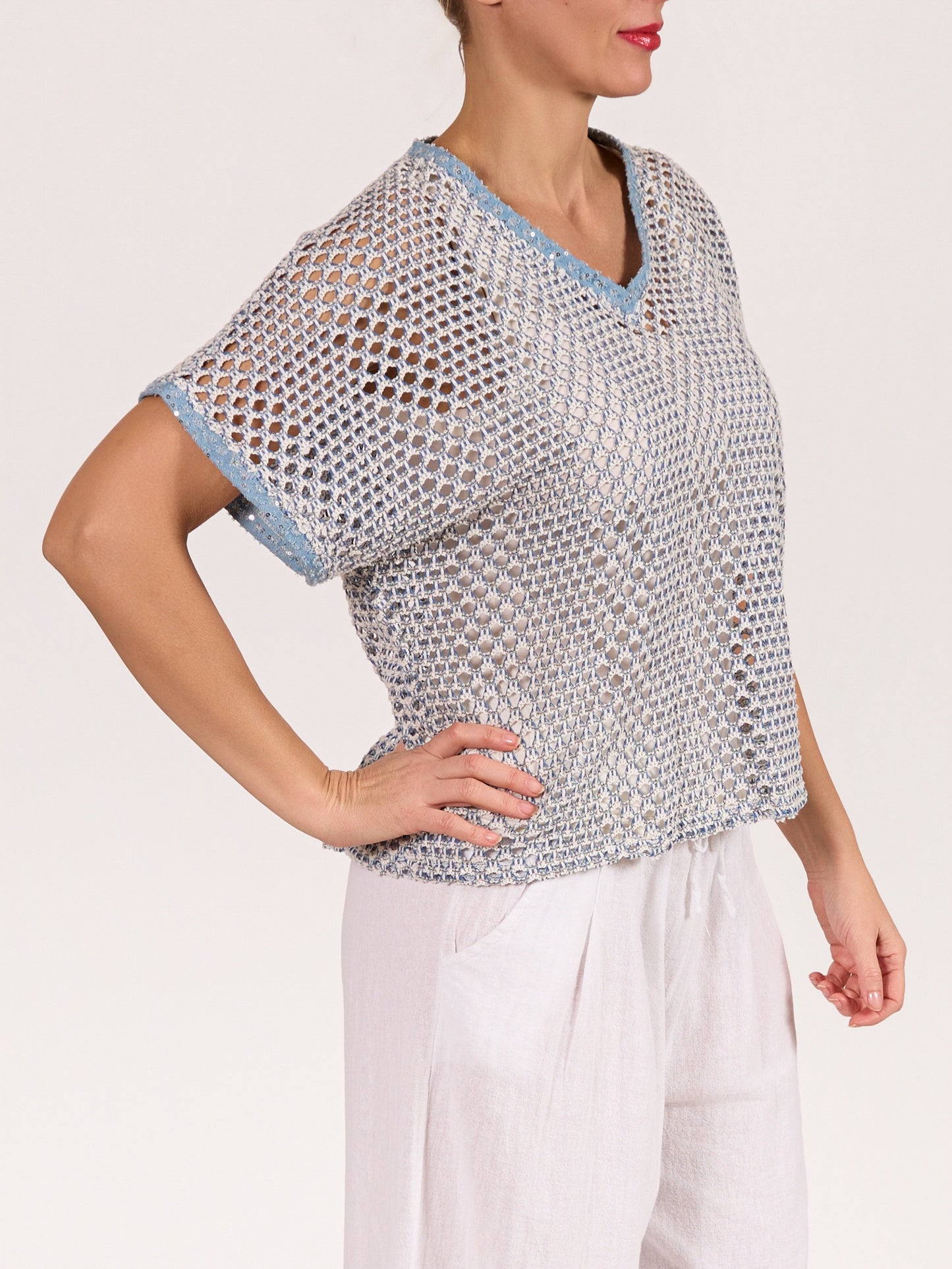 Blue Drop Shoulder Crochet V Neck Top