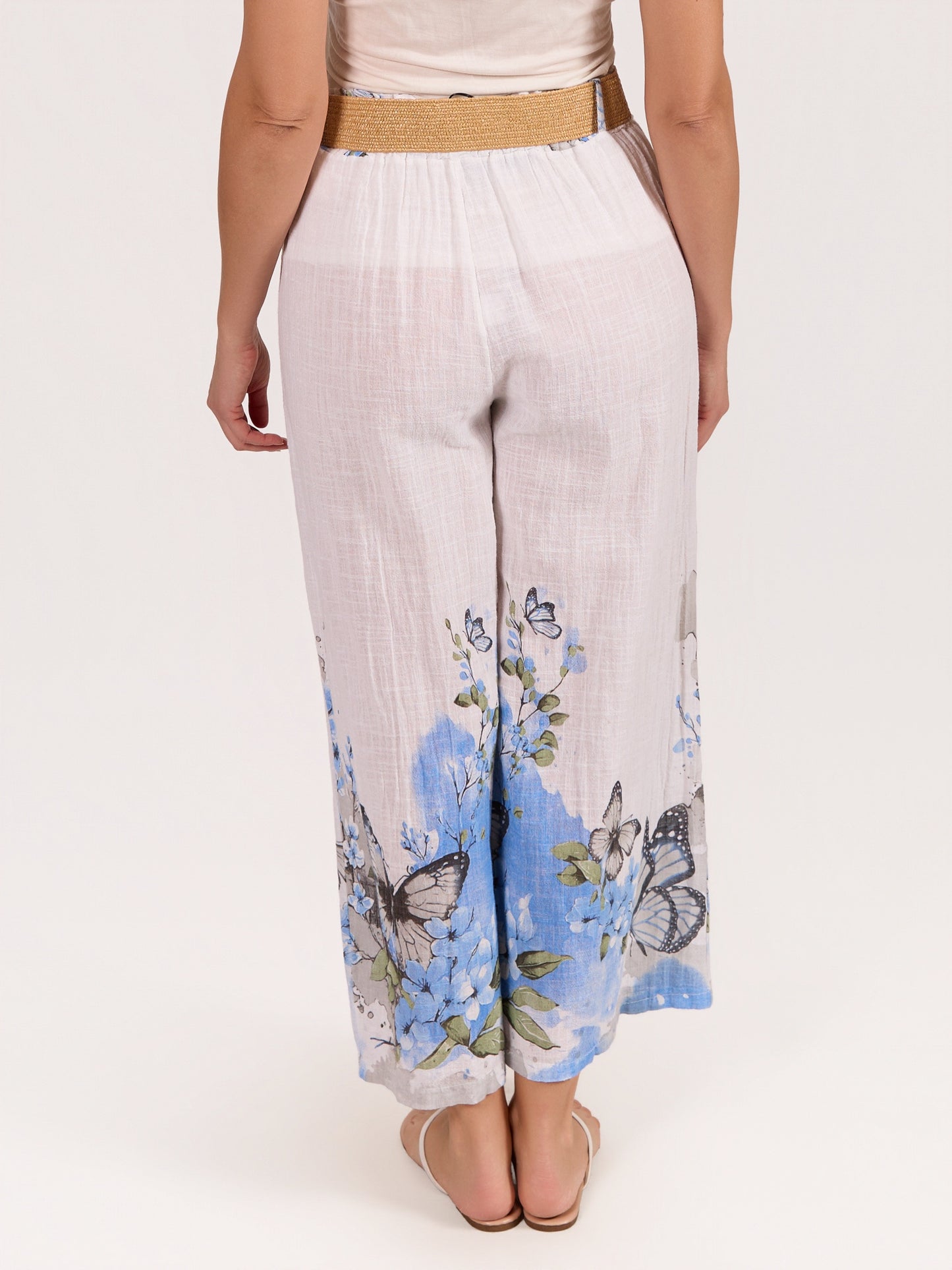 White Pull on Belted Butterfly Border Print Pant