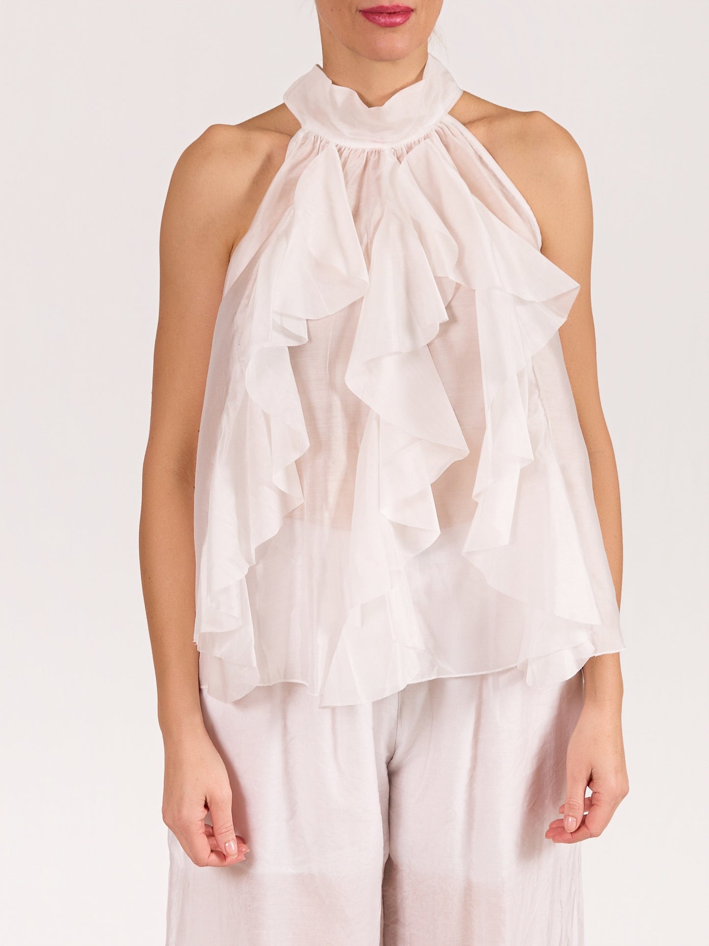 White Sleeveless Bow Tie Ruffle Front Blouse