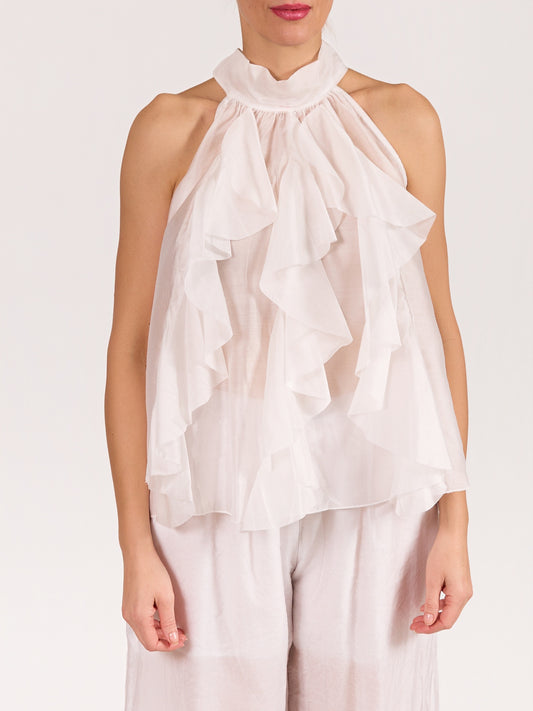 White Sleeveless Bow Tie Ruffle Front Blouse