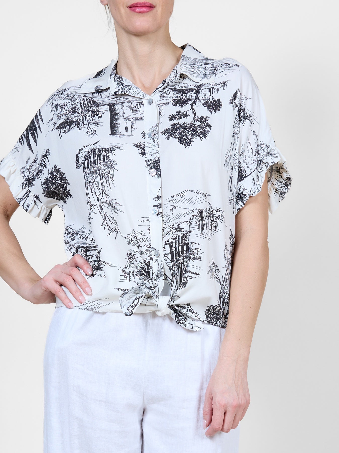 Midnight Tropical Print Button-Up Blouse with Tie Hem