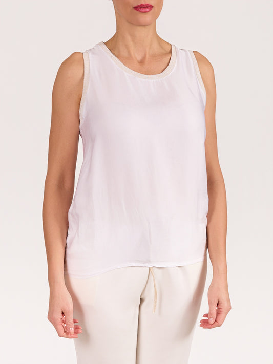 White Lurex Detail Satin Tank Top