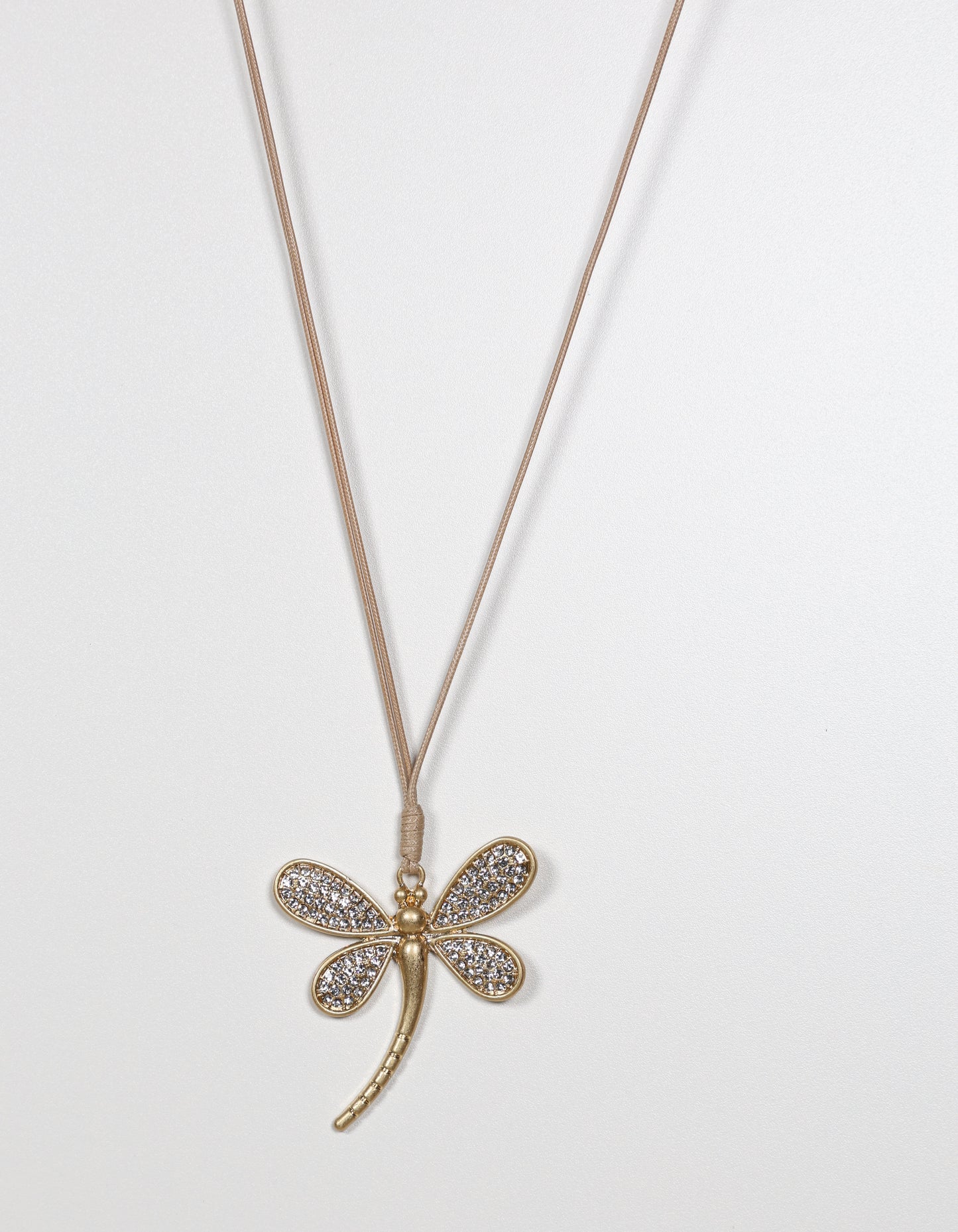 Gold Cord Necklace with Crystal Dragonfly Pendant