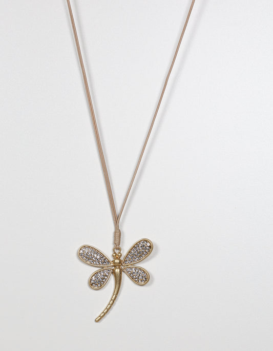 Gold Cord Necklace with Crystal Dragonfly Pendant