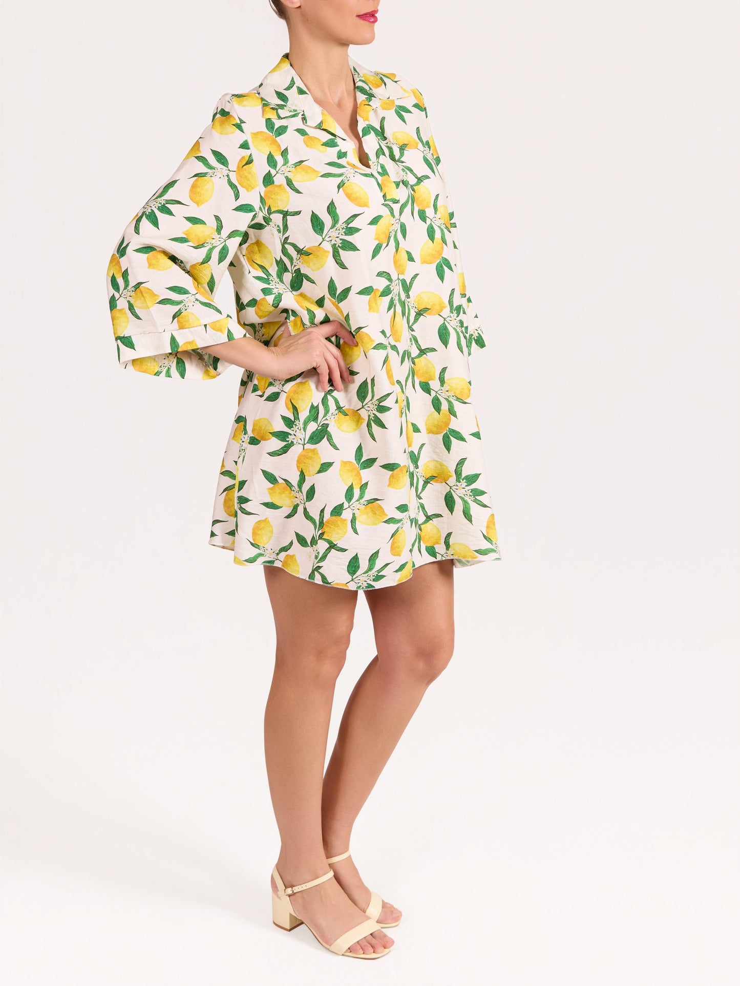 White 3/4 Sleeve V Neck Lemon Dress