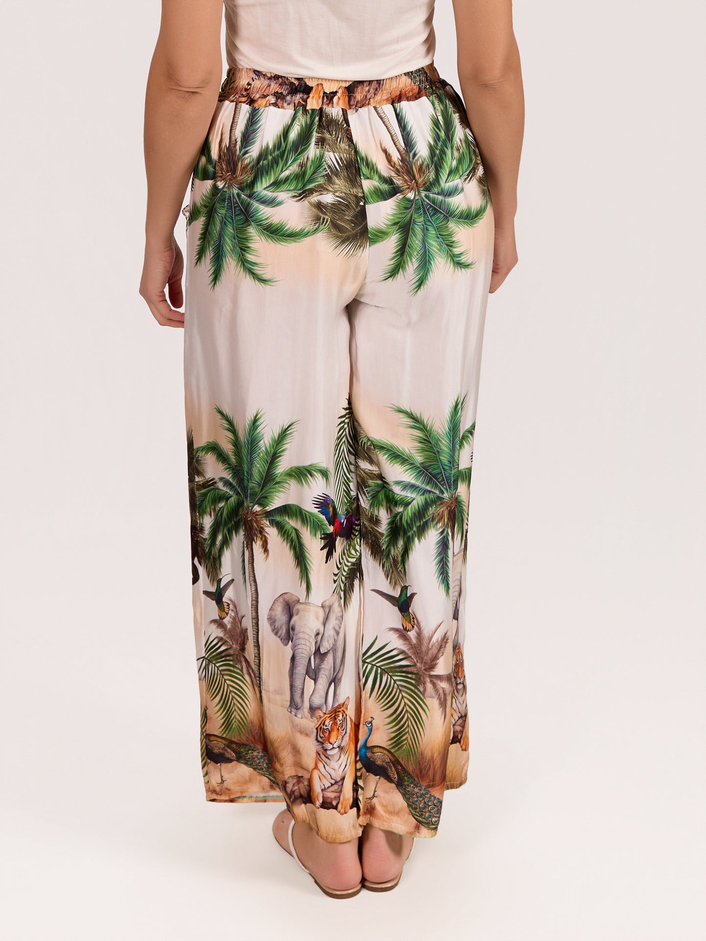 Green Pull On Satin Jungle Print Pant