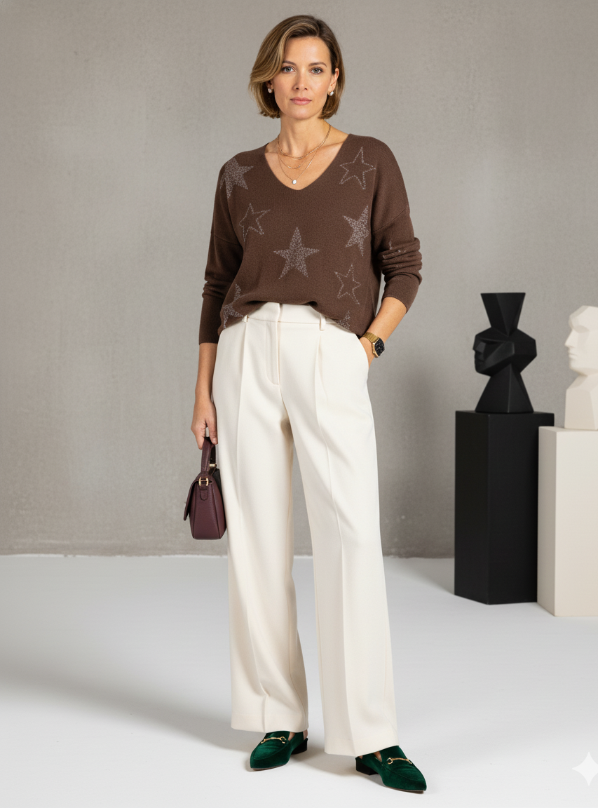 Espresso V NeckDrop Shoulder Allover Lurex Stars Pullover