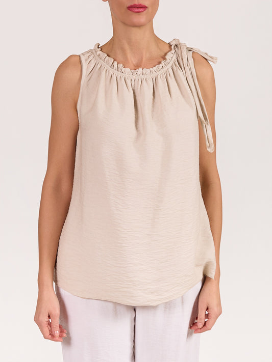 Beige Sleeveless Top with Ruffled Neckline and Side Tie