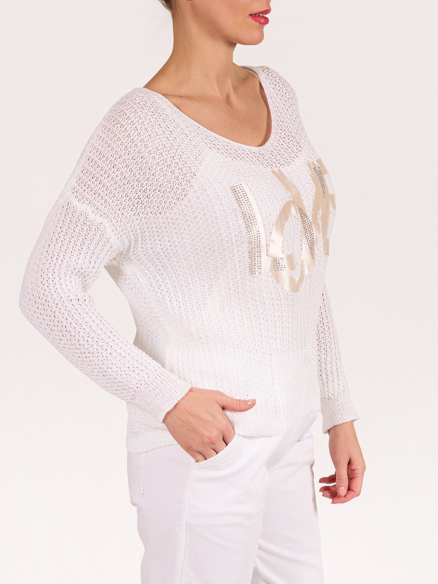 White Boat Neck Drop Shoulder LOVE Sweater