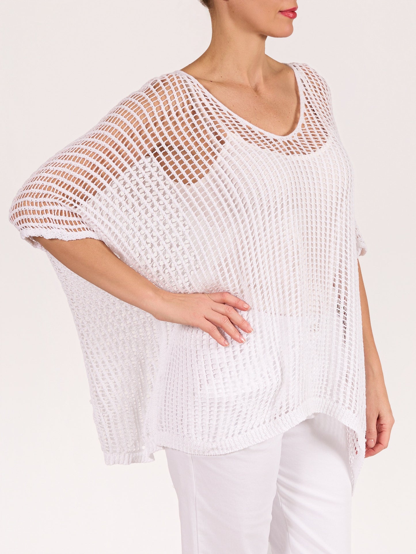 White Drop Shoulder Mesh Overlay Top