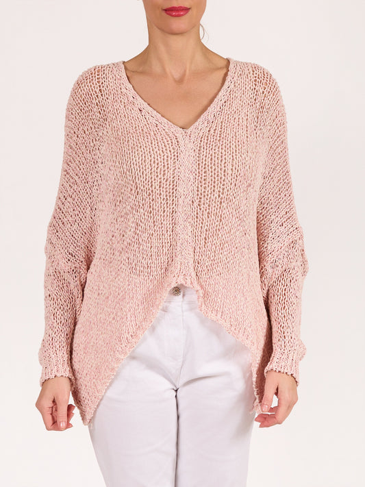 Rose V Neck Crochet Drop Shoulder Lurex Thread Sweater