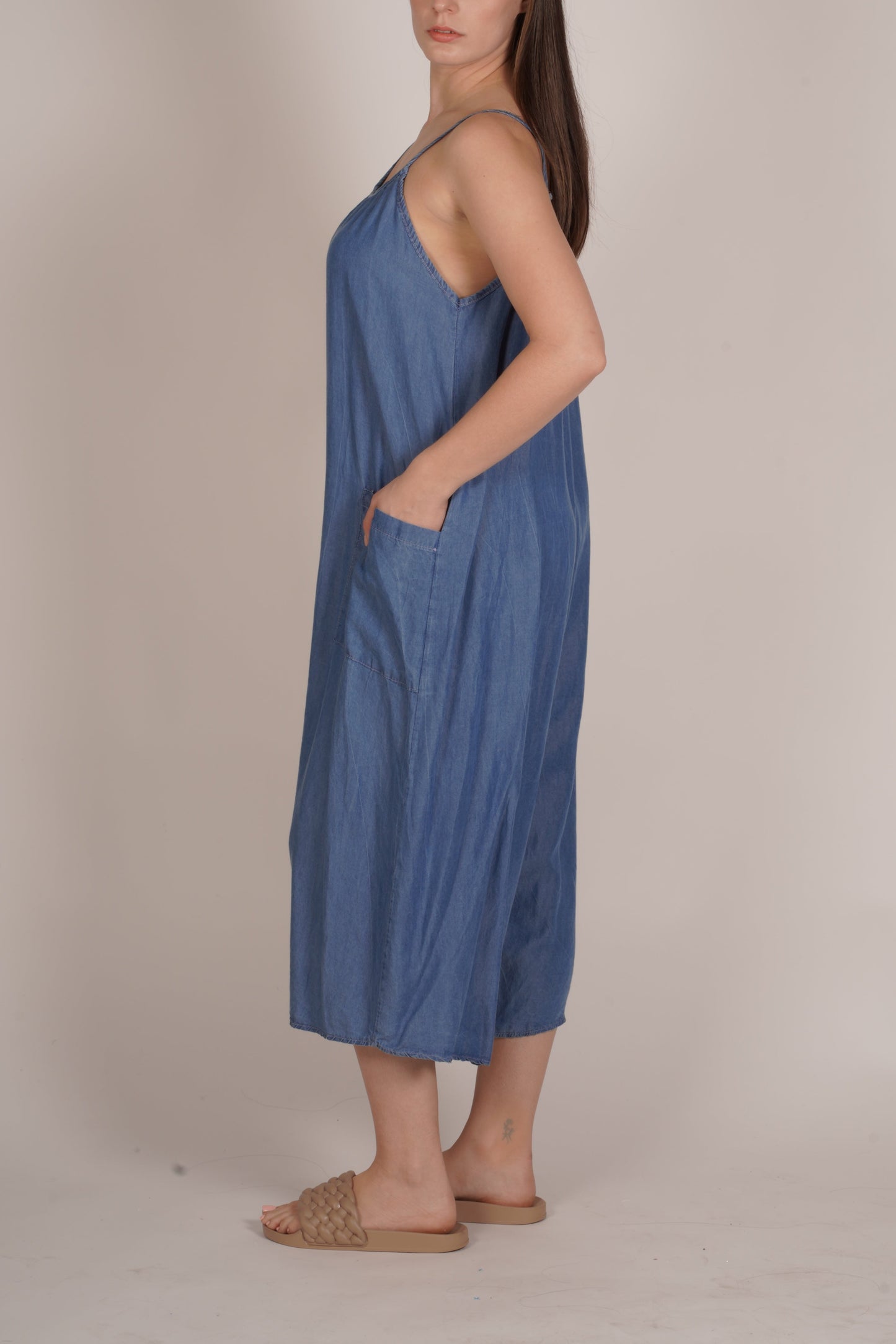 Dark Denim Sleeveless Wide-Leg Jumpsuit with Pockets