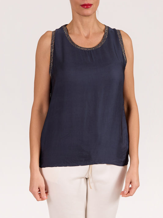 Midnight Lurex Detail Satin Tank Top