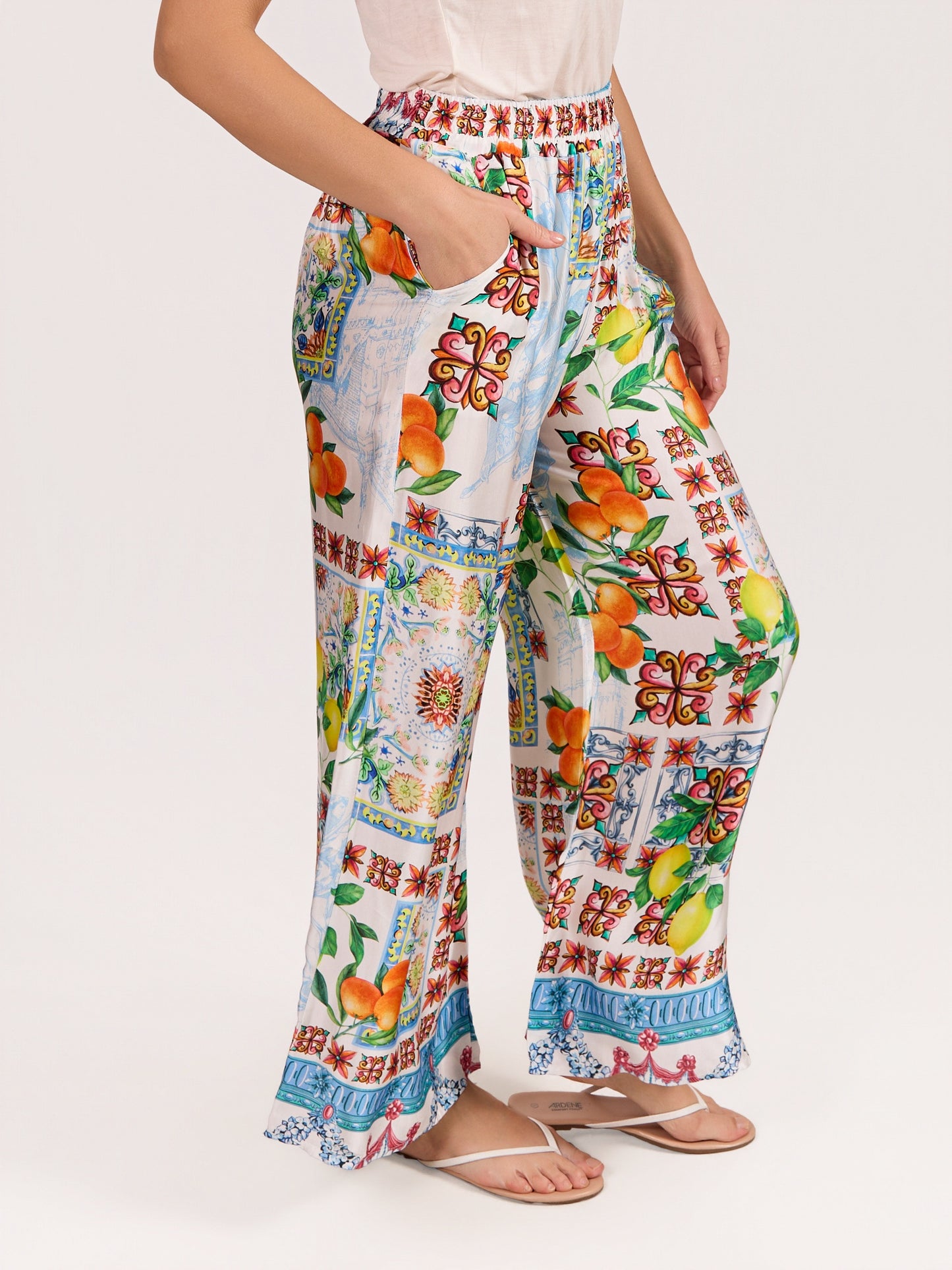 Blue Pull on Satin Oranges & Lemon Print Pant