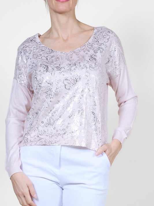 Carnation Long Sleeve V Scoop Neck Foil Front Pullover
