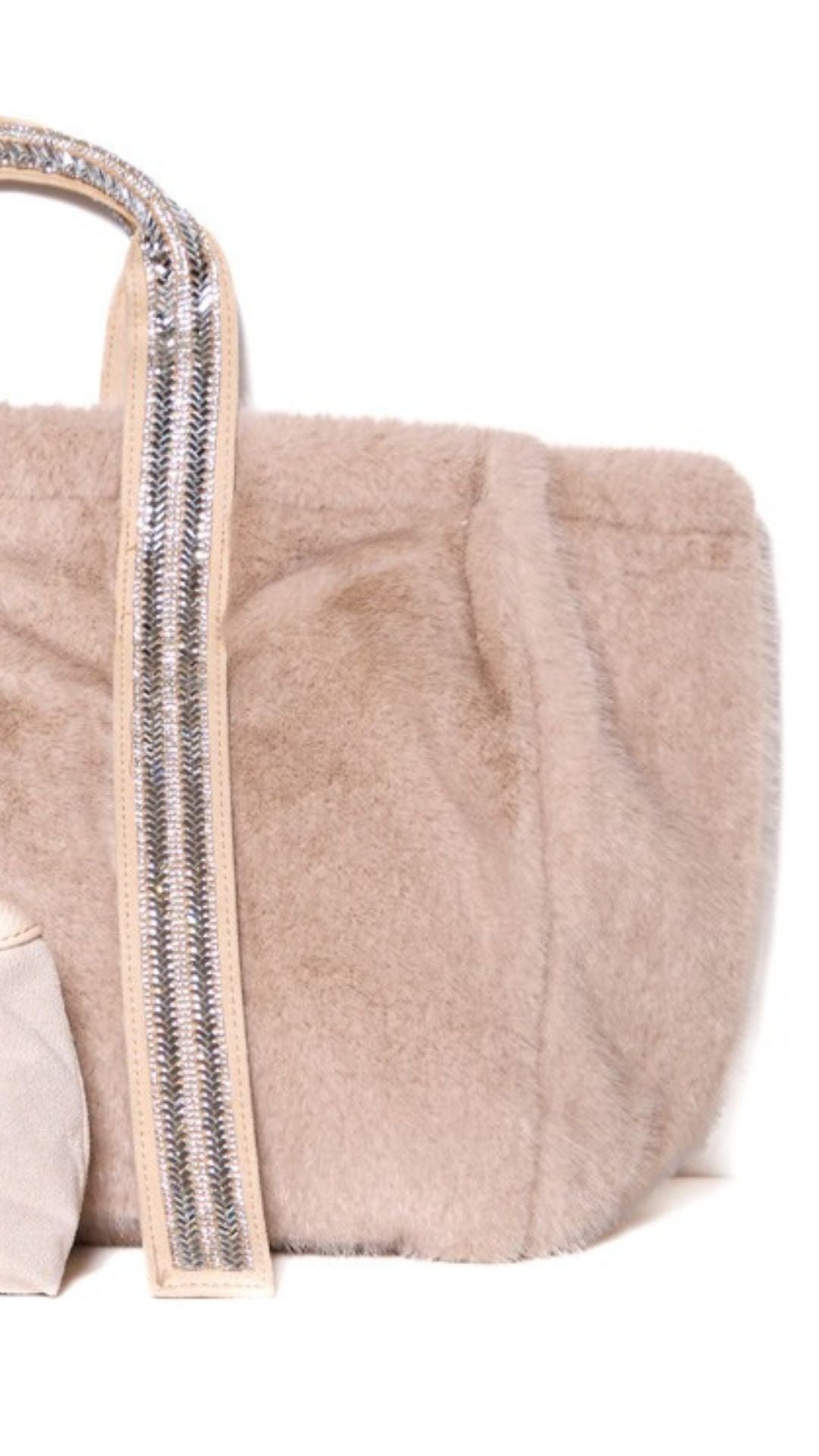 Beige Oversized Faux Fur Tote Bag with Sequin Straps & Matching Pouch