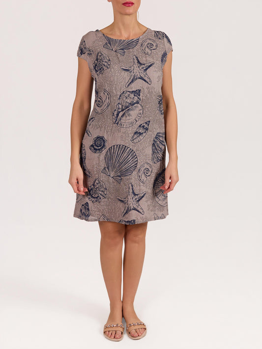 Taupe Cap Sleeve Sea Shell Print Rib Side Dress