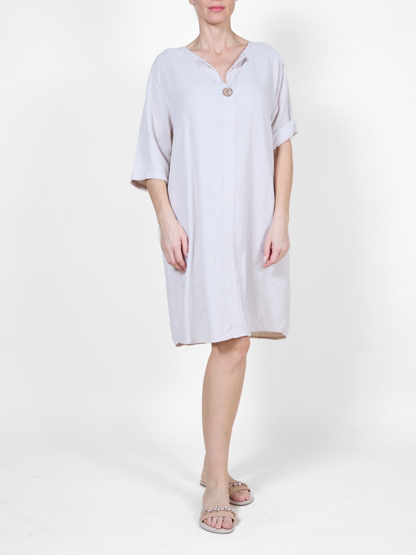 Sand Cotton Dress with 3/4 Sleeves and Wooden Button Detail