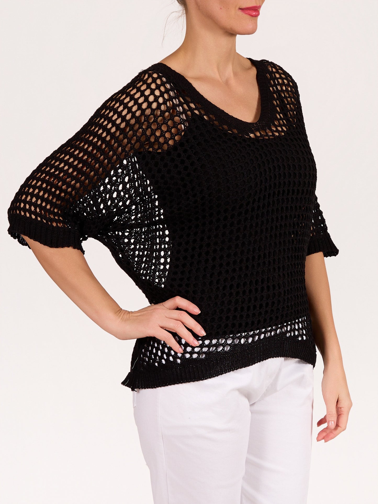 Black V Neck Drop Shoulder Crochet Sweater