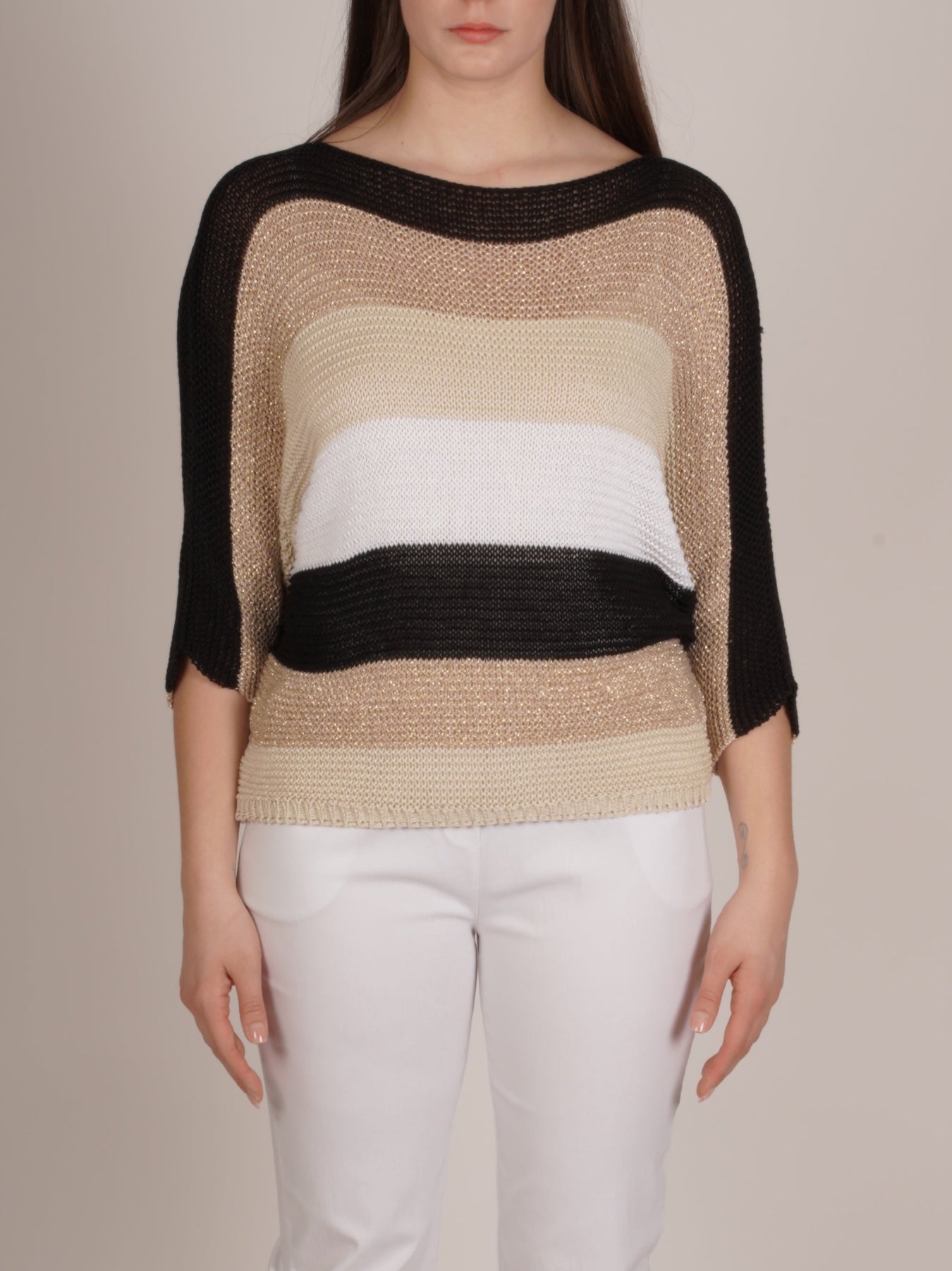 Black Loose Knit Pullover Sweater with Stripes