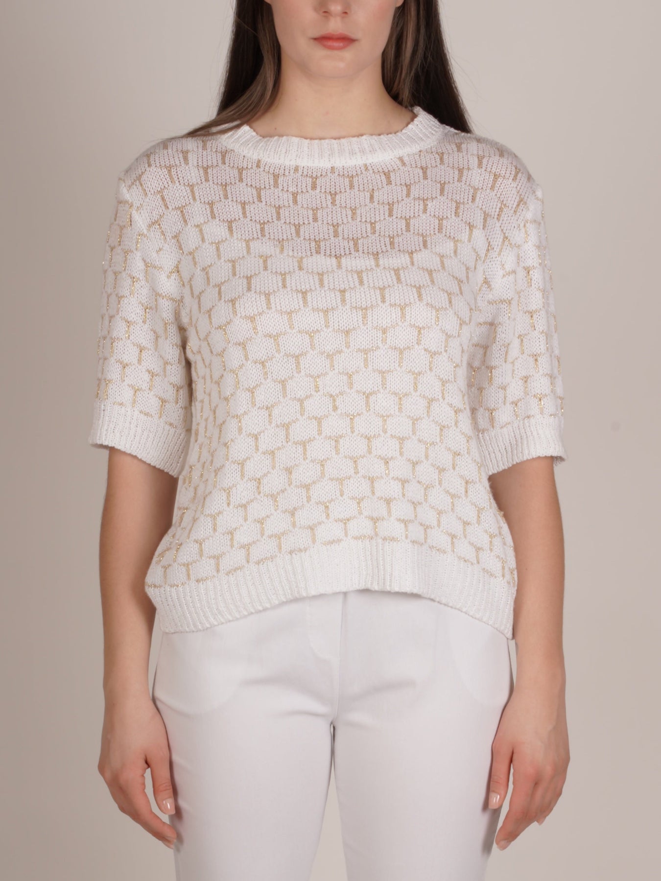 White Short Sleeve Knit Sweater with Geometric Hexagon Design
