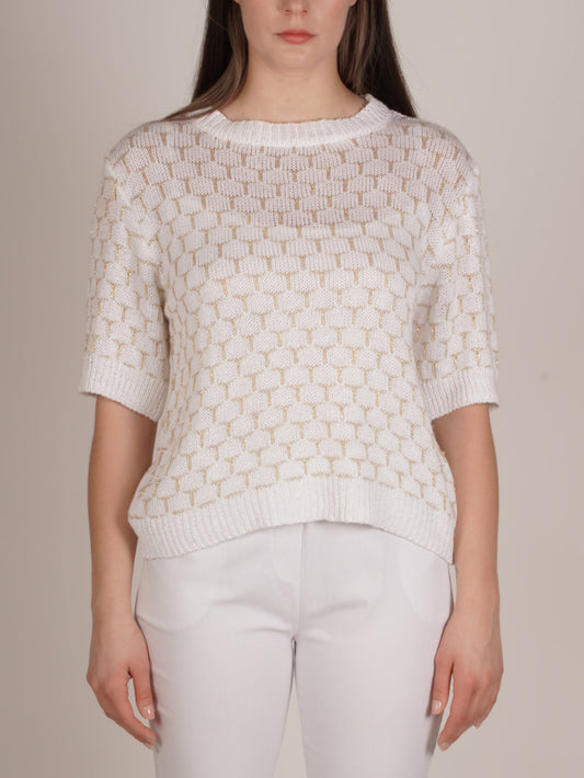 White Short Sleeve Knit Sweater with Geometric Hexagon Design