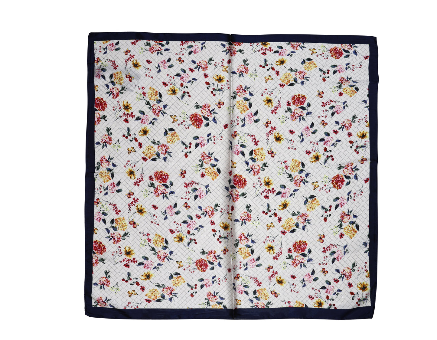 Decorative Silk Scarf with Floral & Geometric Print in Navy