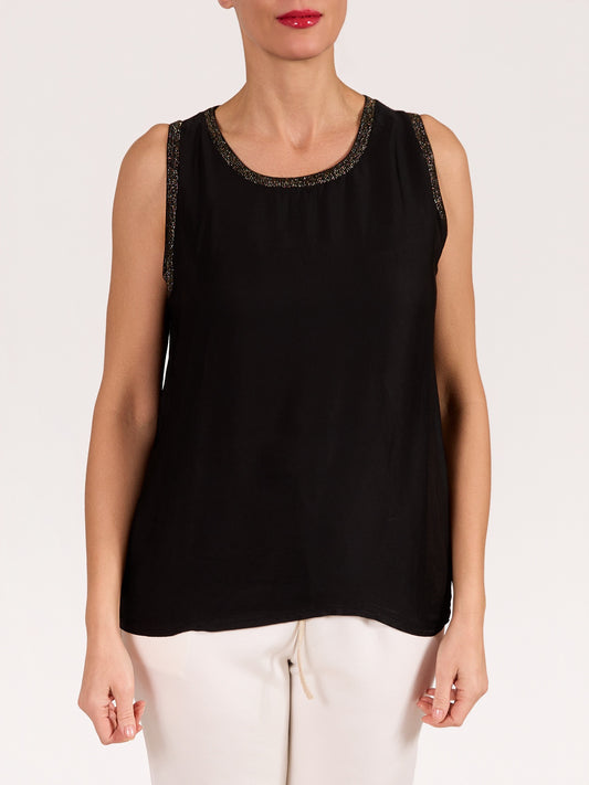 Black Lurex Detail Satin Tank Top