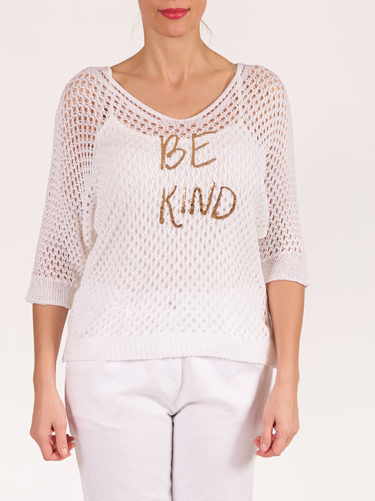 White V Neck Short Sleece BE KIND Crochet Pullover