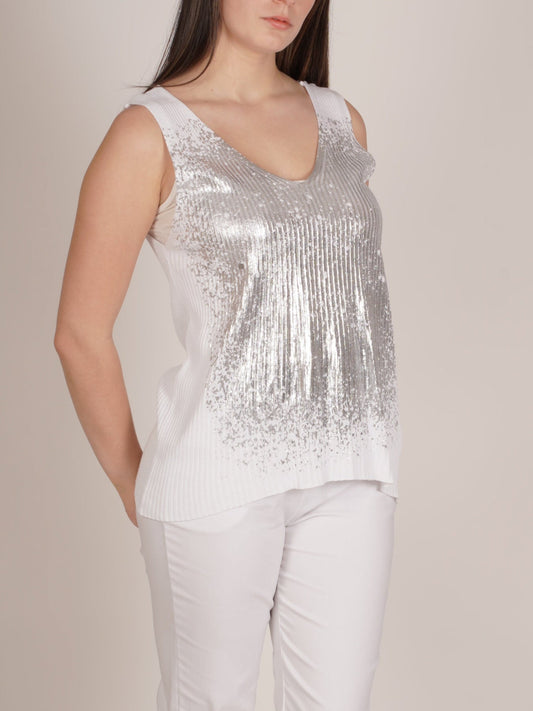 White Sleeveless Top with Large Silver Foil Detail