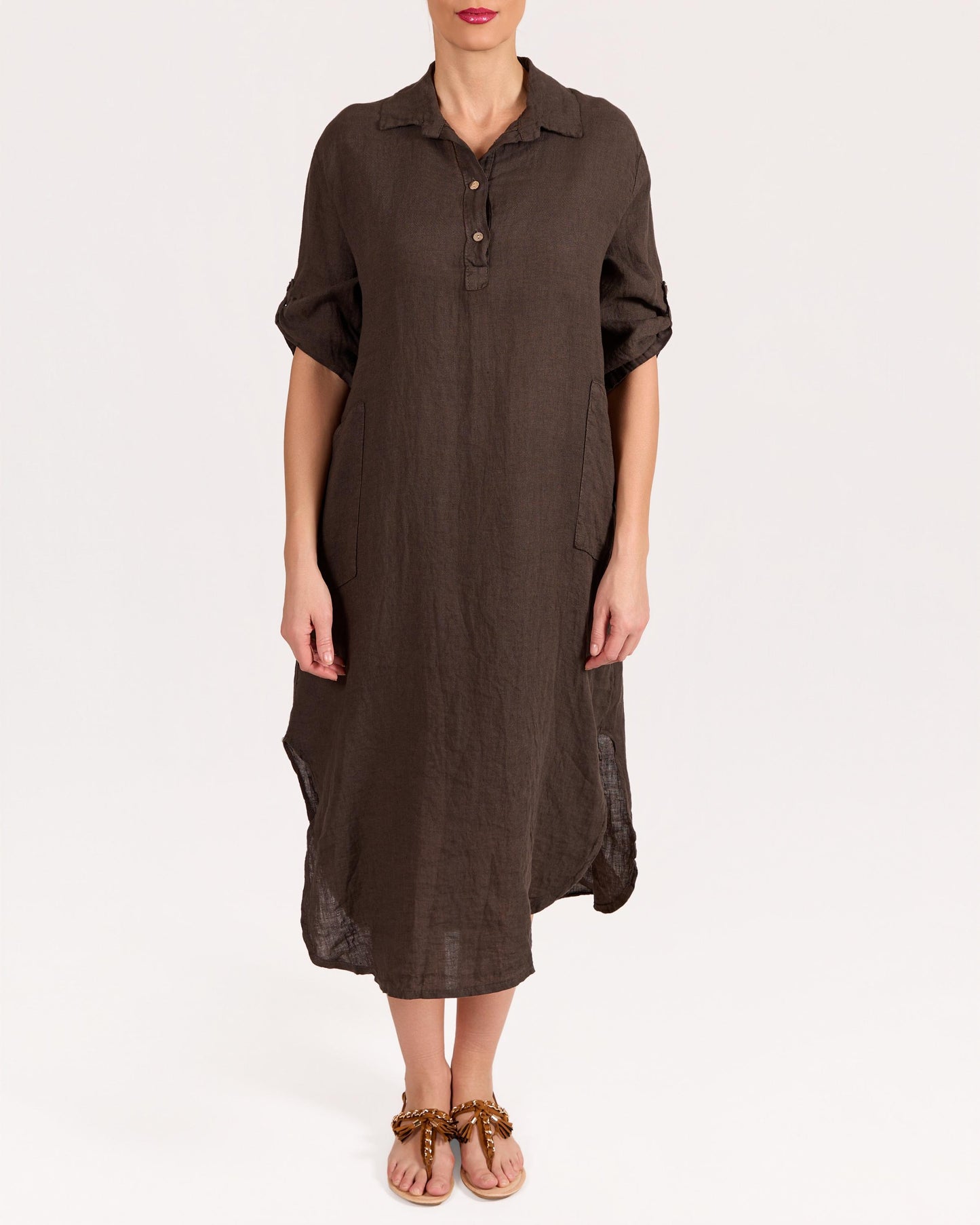 Espresso Roll Up Sleeve Placket Front Dress