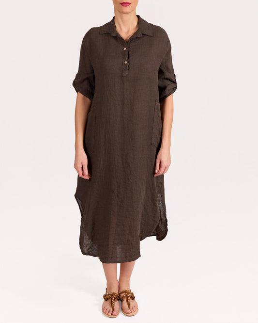 Espresso Roll Up Sleeve Placket Front Dress